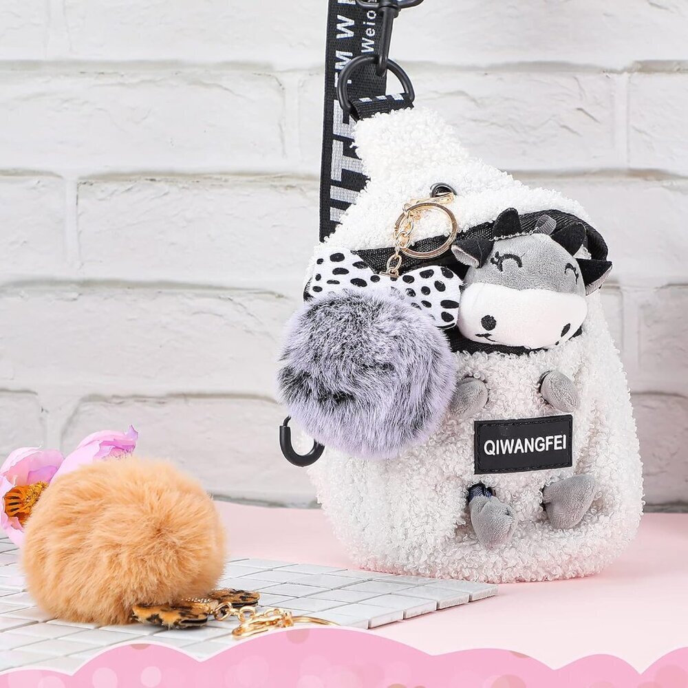 12 Pack Fluffy Faux Fur Pom Pom Keychains Rhinestone Bow for Bags Craft - Picture 3 of 6